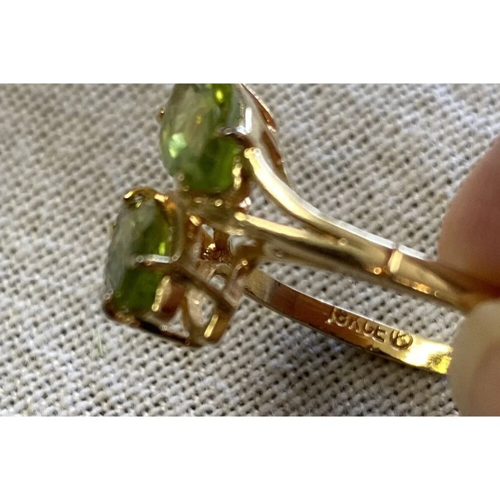 18K YG Electroplate 2.00 CT Marquise Cut Simulated Peridot Two Stone Ring